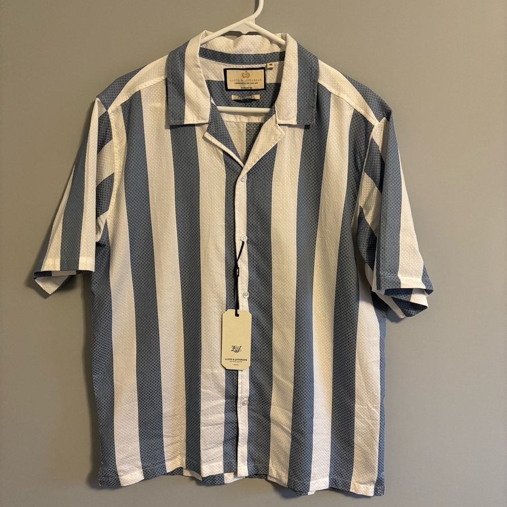 Casual Blue + White Stripe Textured Cotton Button Down Shirt
